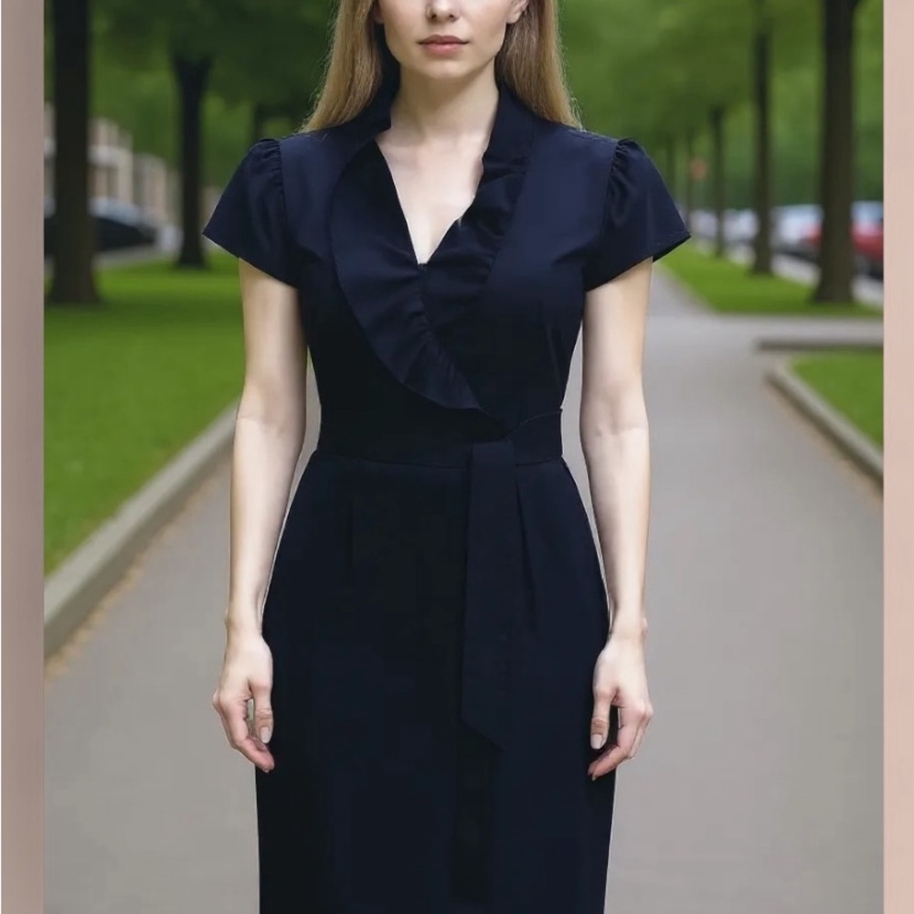 Elizabeth McKay Navy Ruffle Midi Dress